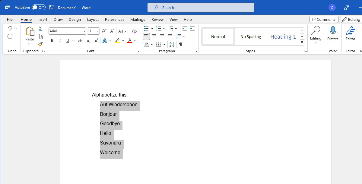 word selection alphabetized revised