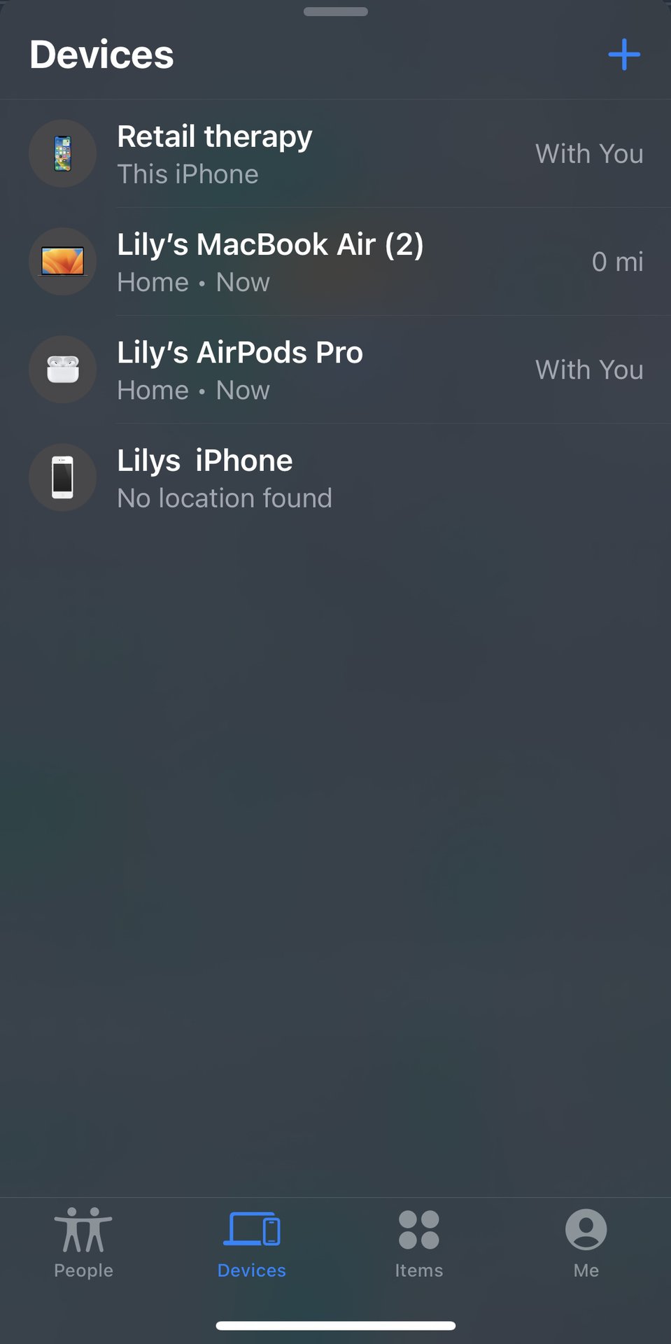 A screenshot of the Apple Find My app devices list.