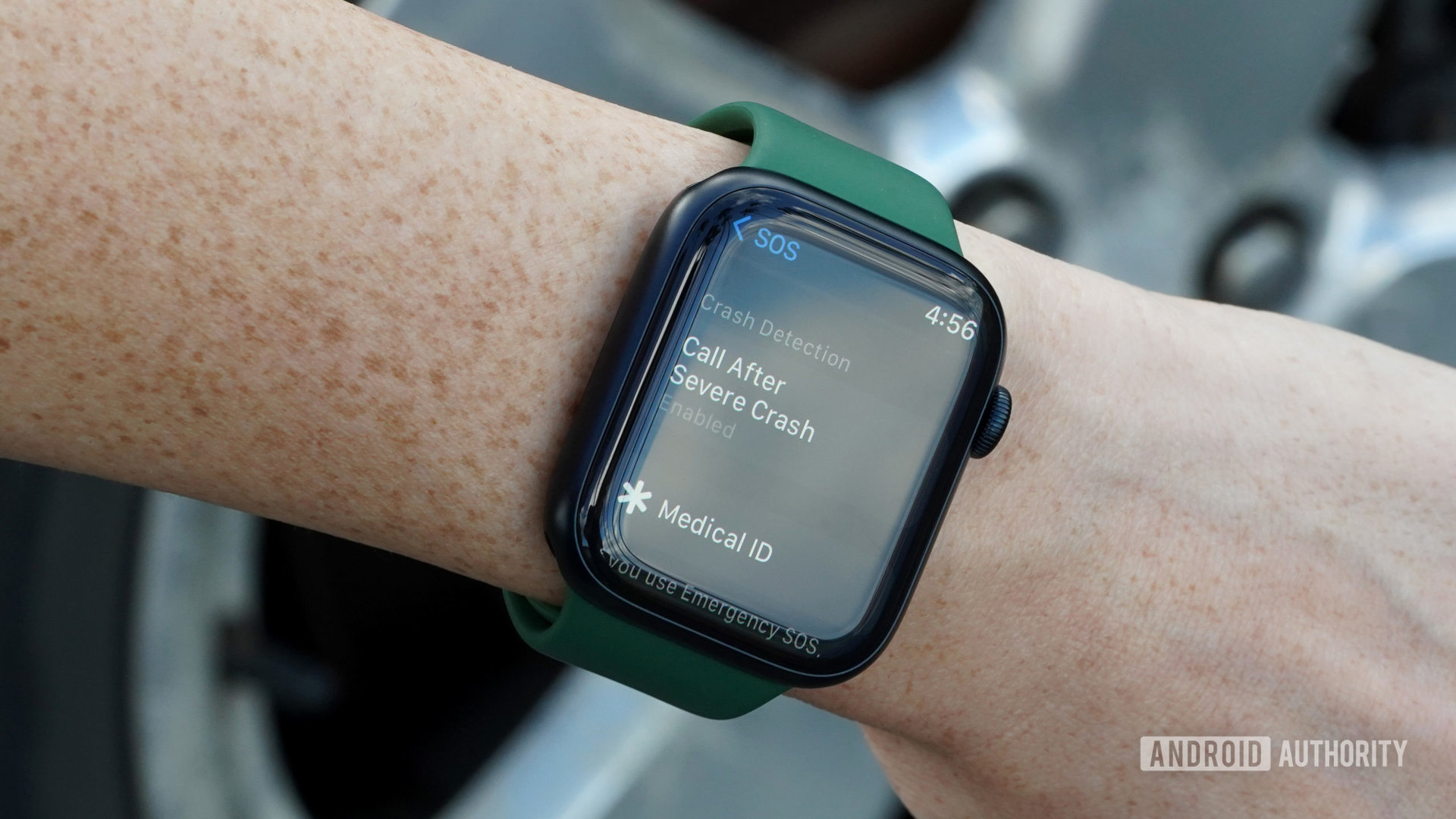 An Apple Watch Series 8 displays Crash Detection set up in a user's Settings app.