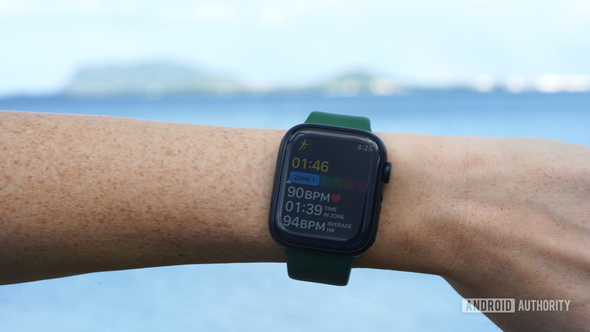 An Apple Watch displays a user's heart rate zones during a workout.