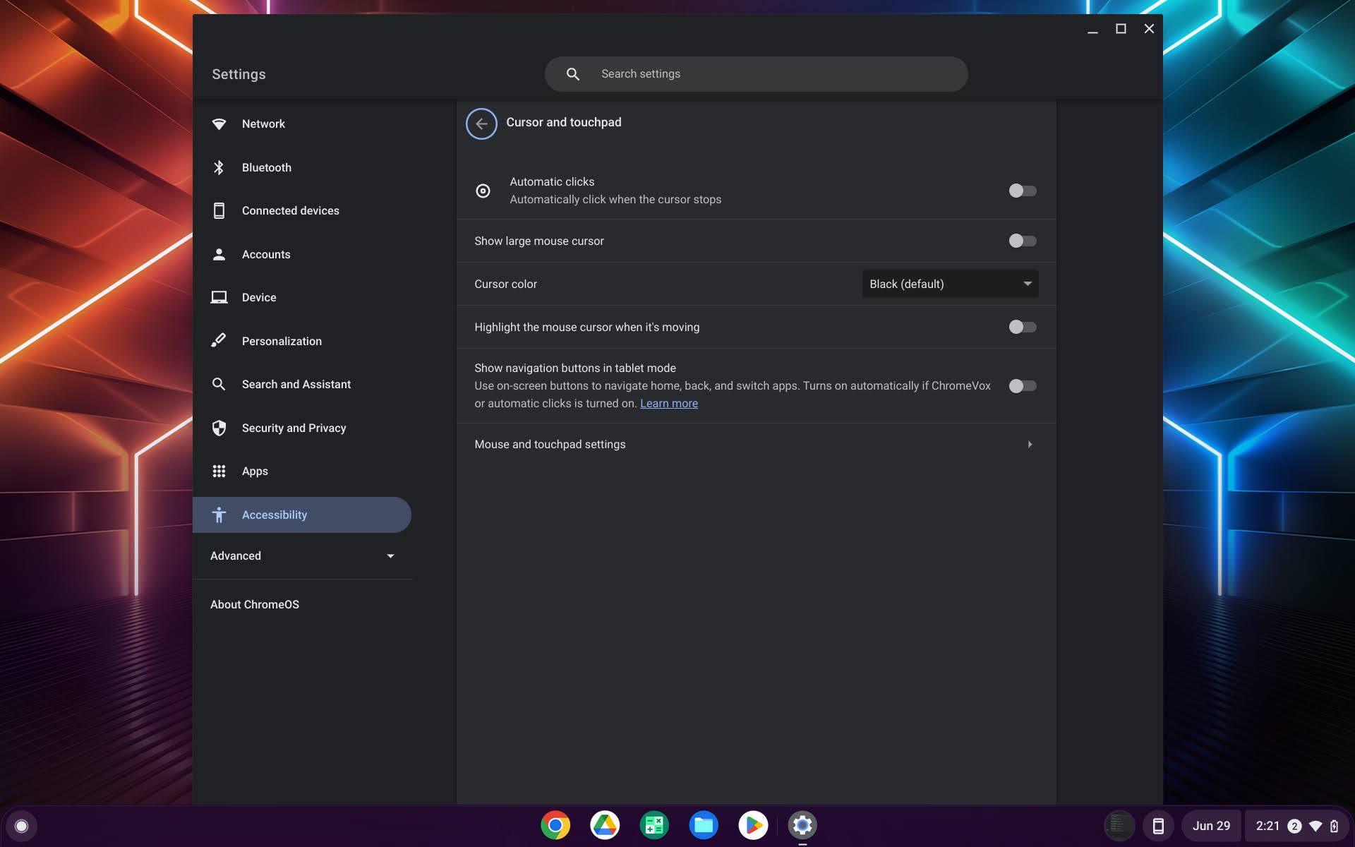 Chromebook cursor and touchpad settings