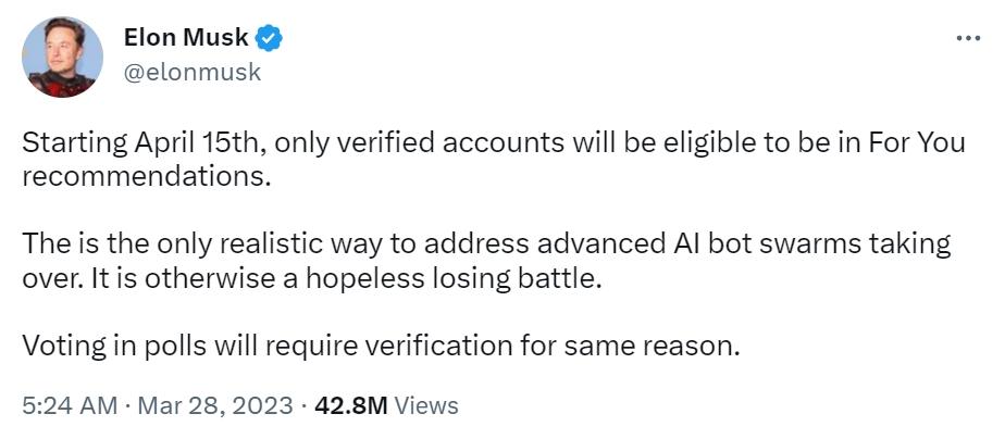 Screenshot of Elon Musk announcing For You and Voting Changes for Twitter Blue users