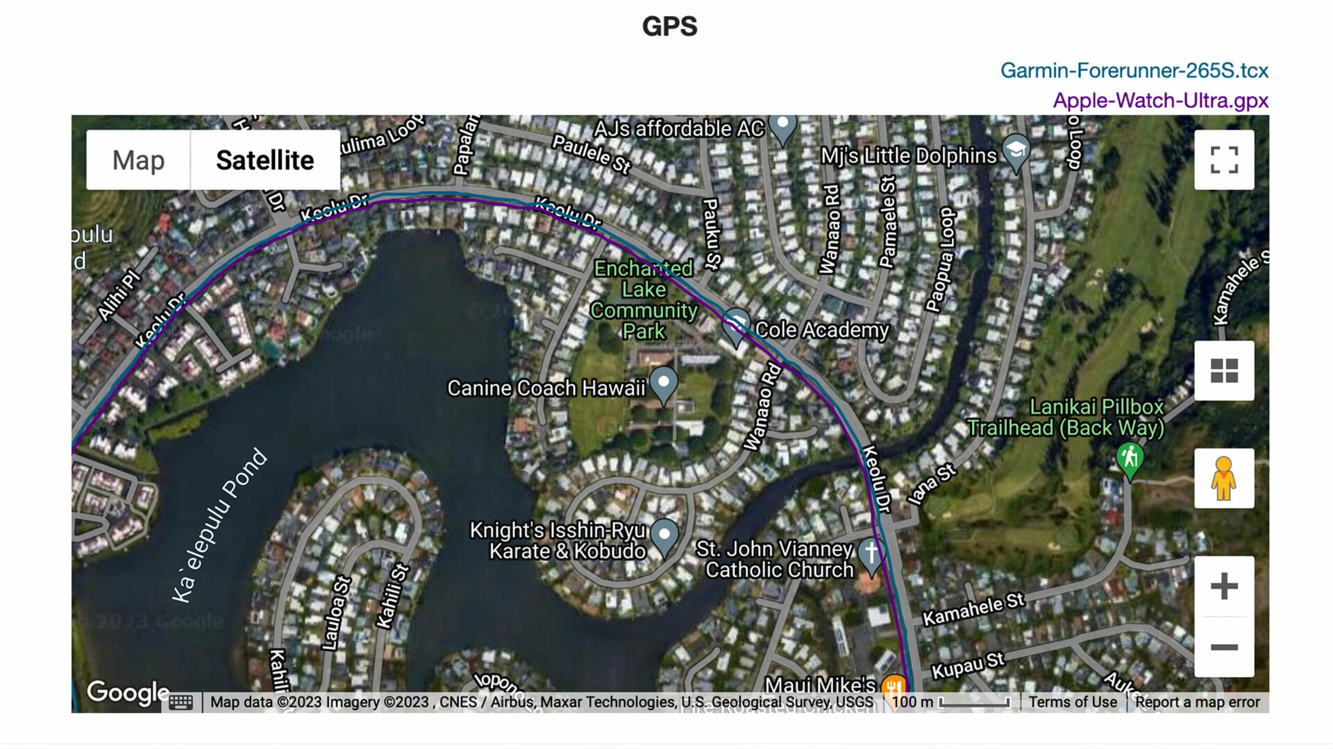 A GPS map depicts data from a Garmin Forerunner 265S and an Apple Watch Ultra.