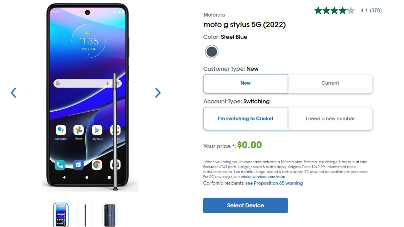 Moto G Stylus 5G 2022 Cricket Wireless Deal