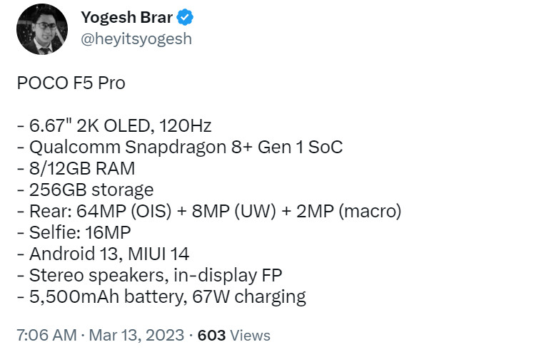 Poco F5 Pro specs Yogesh Brar Twitter