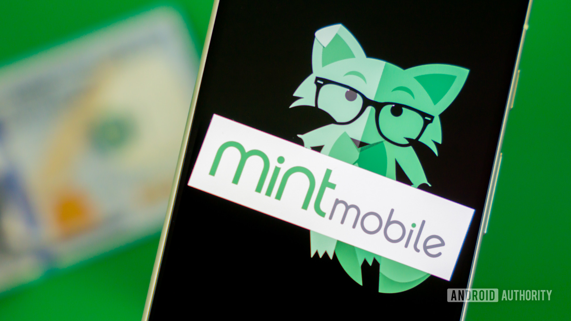 Stok foto rubah Mint Mobile di ponsel dengan uang 1