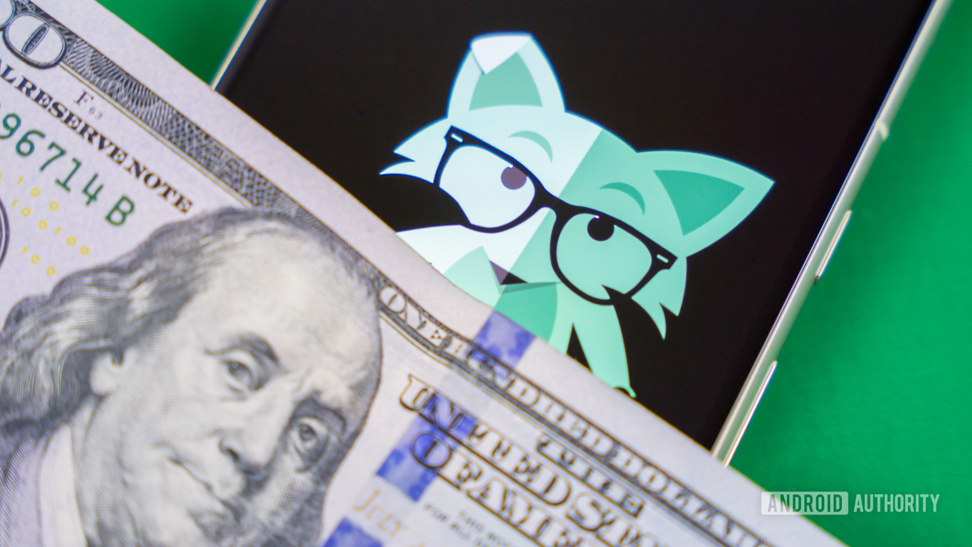 Stock photo of Mint Mobile fox on phone with money 2
