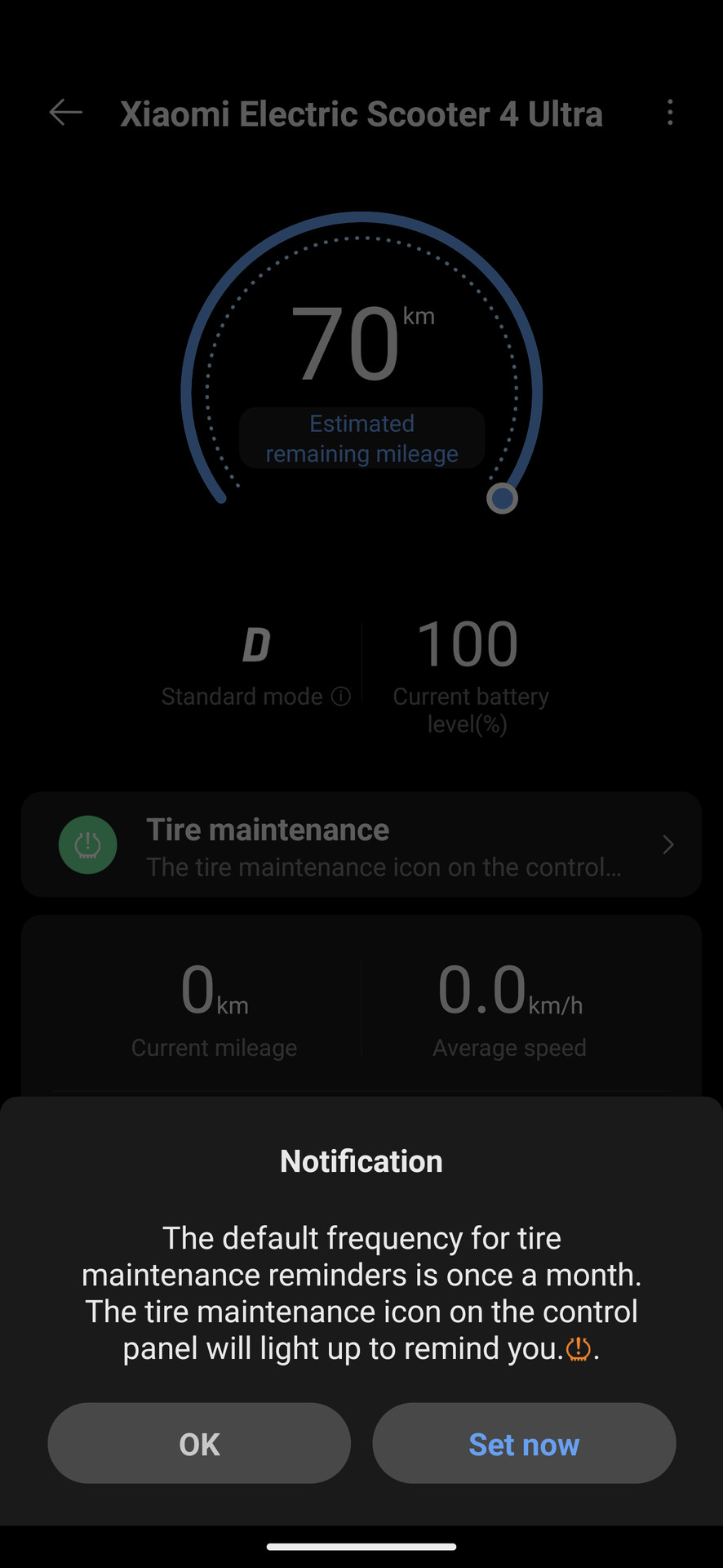 Xiaomi Home app Electric Scooter 4 Ultra tire maintenance