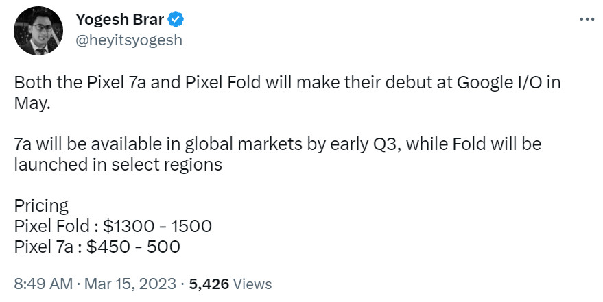 Yogesh Brar Twitter Pixel Fold and Pixel 7a pricing