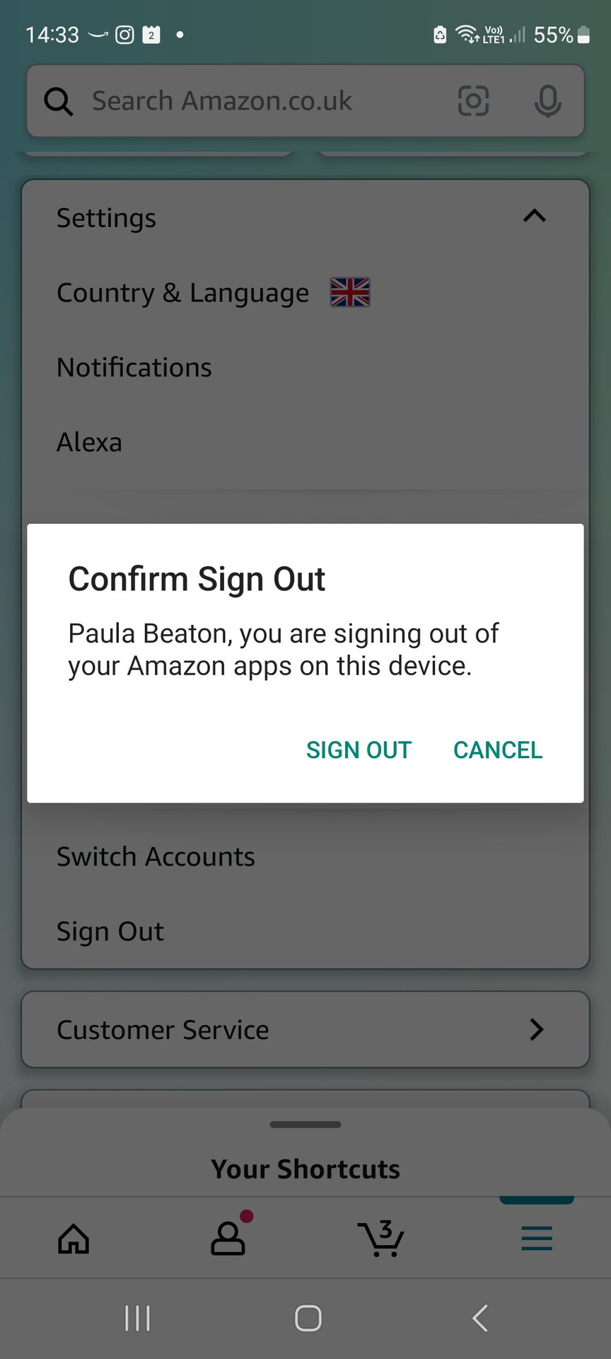 amazon app confirm sign out