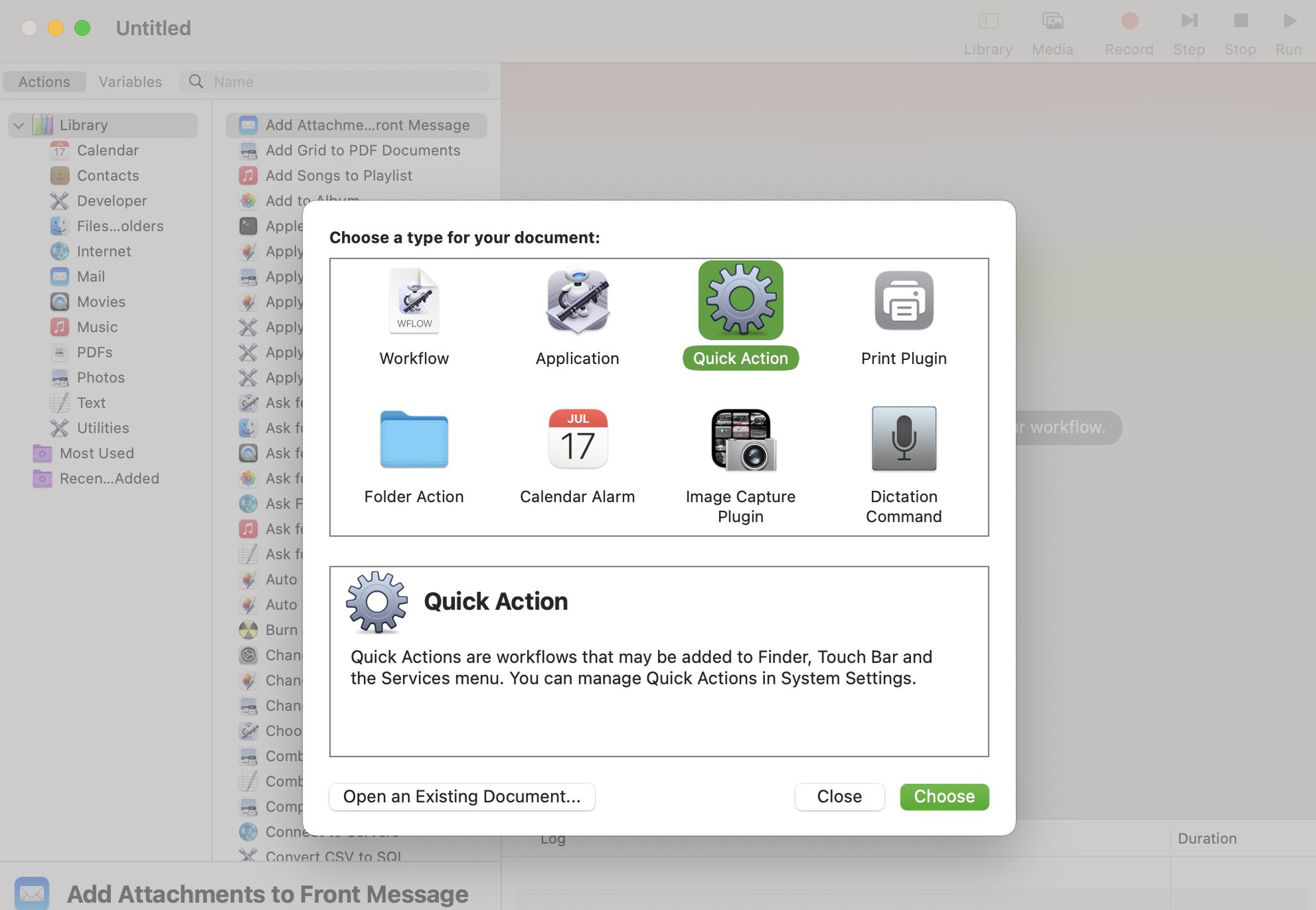 automator start quick action