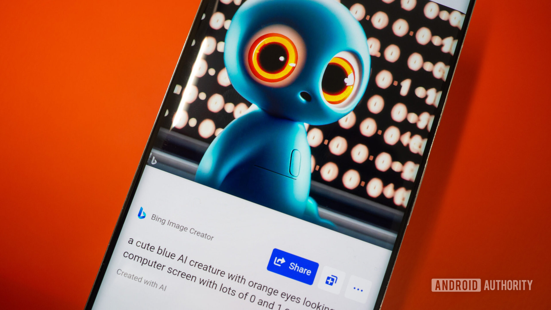 Creador de imágenes de Bing en un teléfono que muestra una imagen de una criatura de IA azul con ojos naranjas frente a una pantalla con ceros y unos