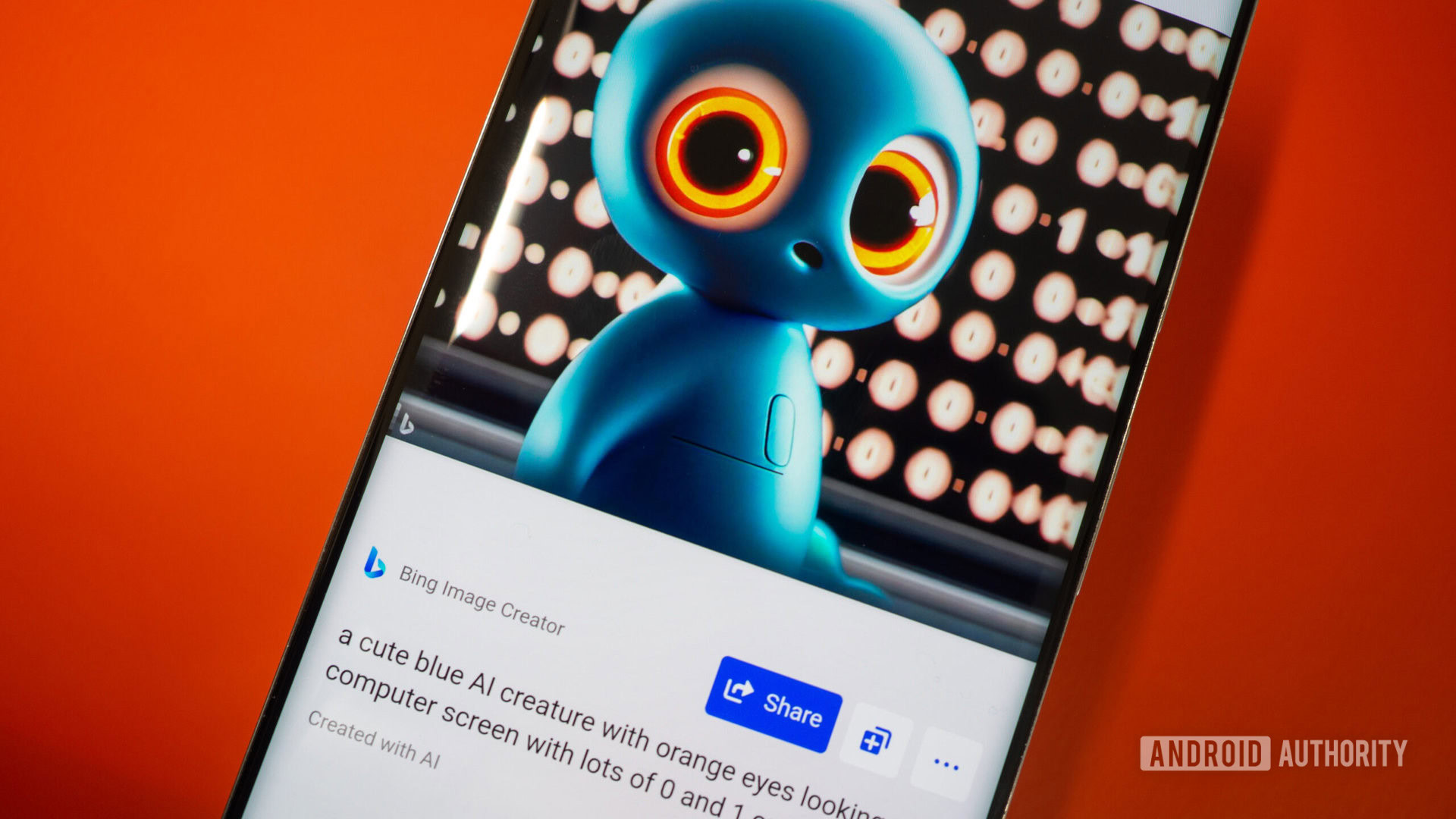 Bing Image Creator di ponsel menampilkan satu gambar makhluk AI biru dengan mata oranye di depan layar dengan nol dan satu