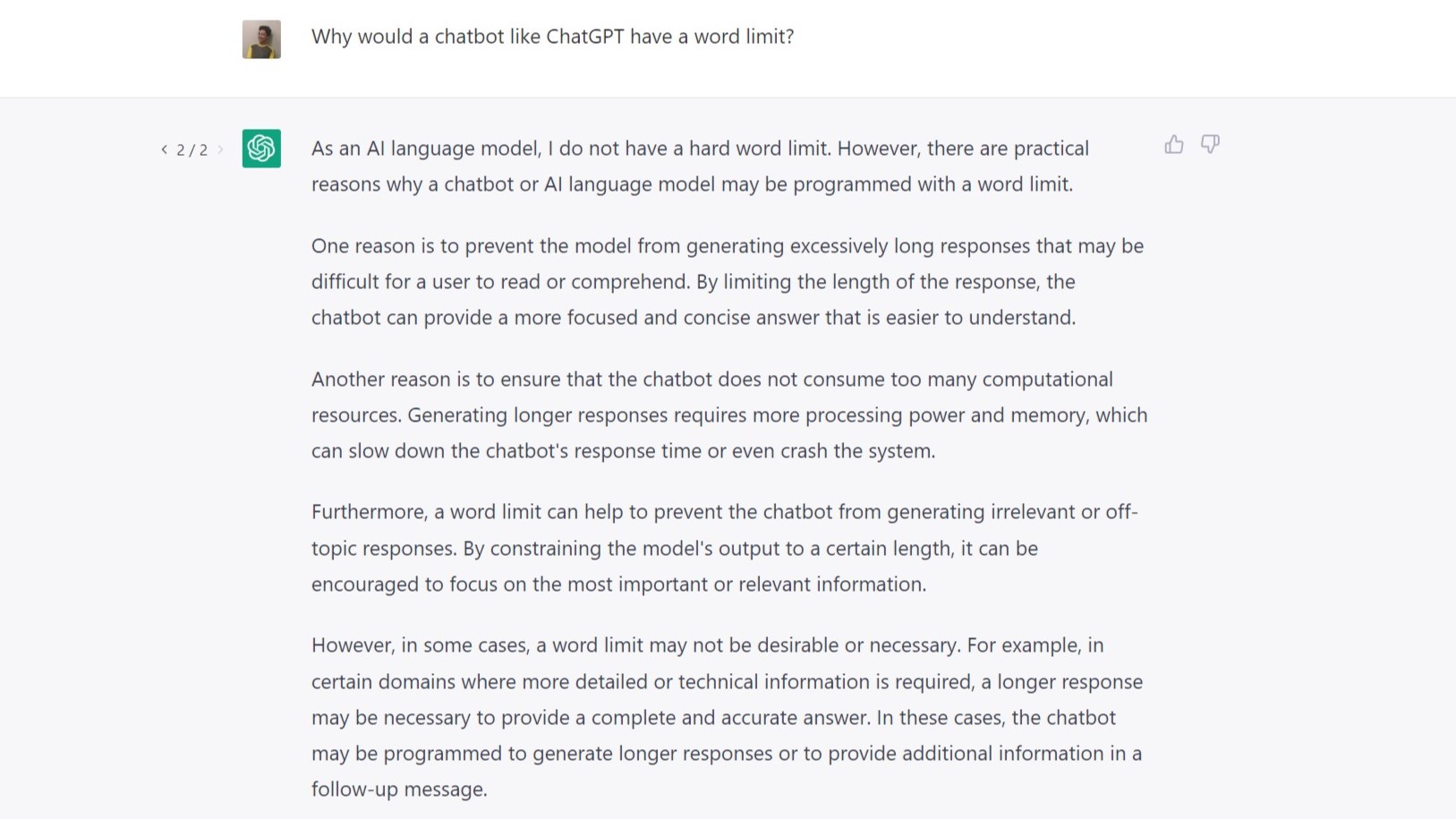 chatgpt word limit explanation screenshot
