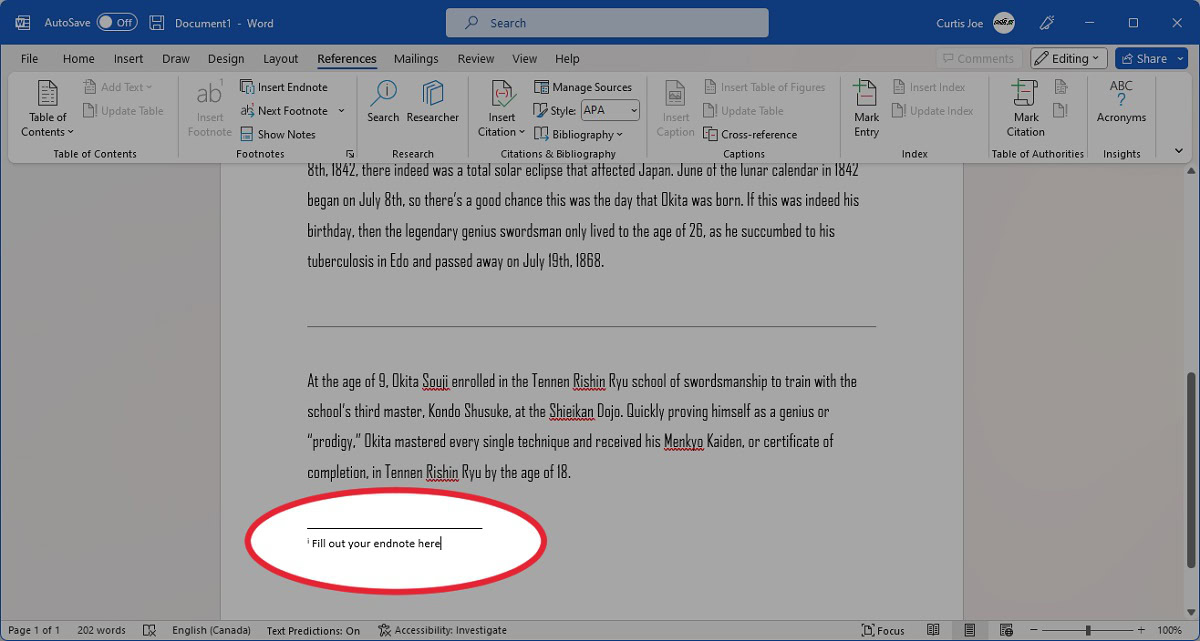 fill out endnote word