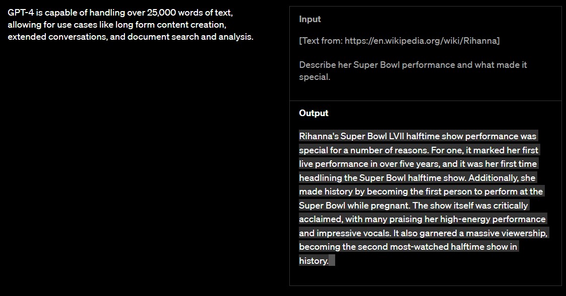 gpt 4 longer text input demo screenshot