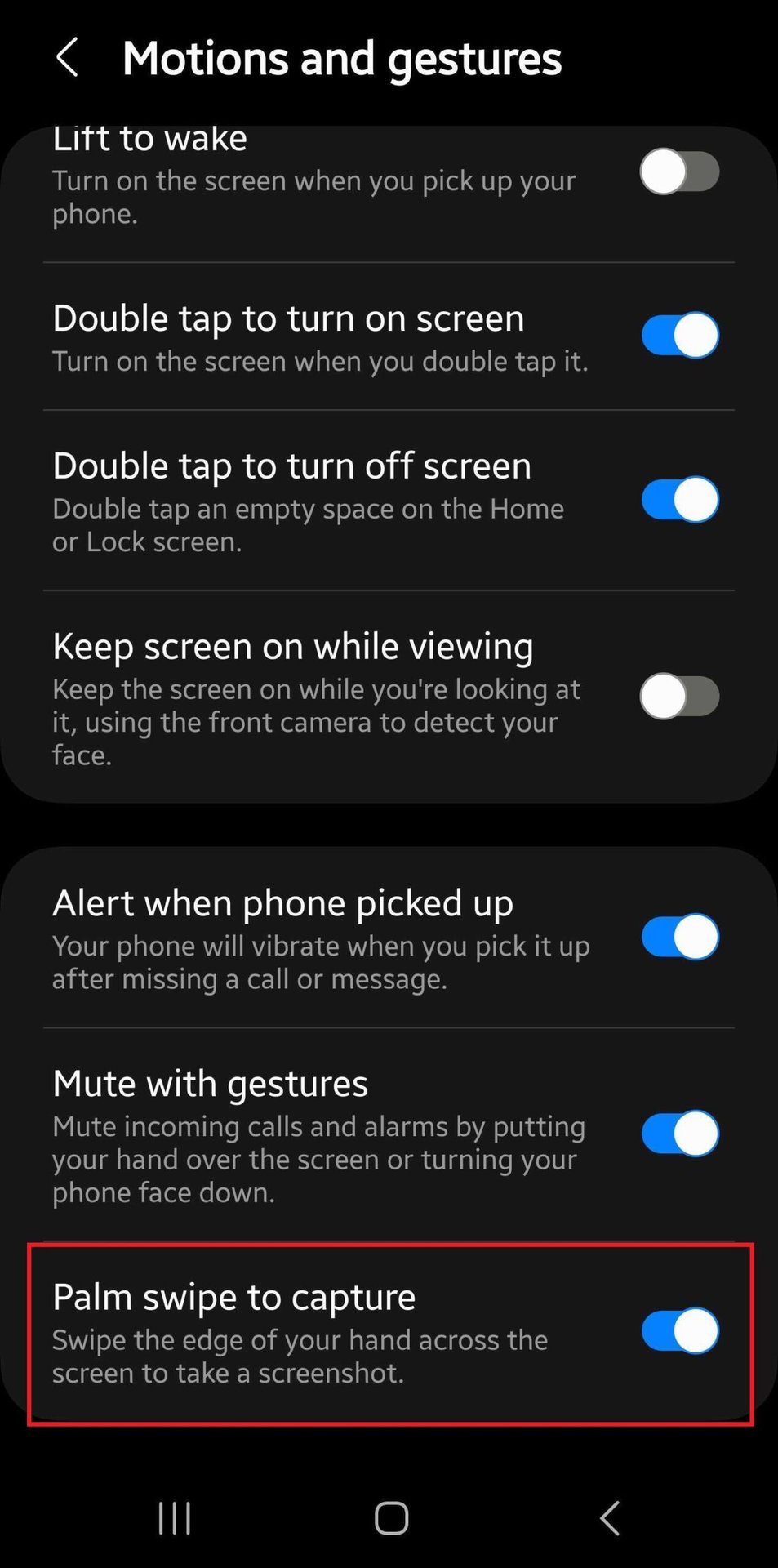 palm swipe to capture settings