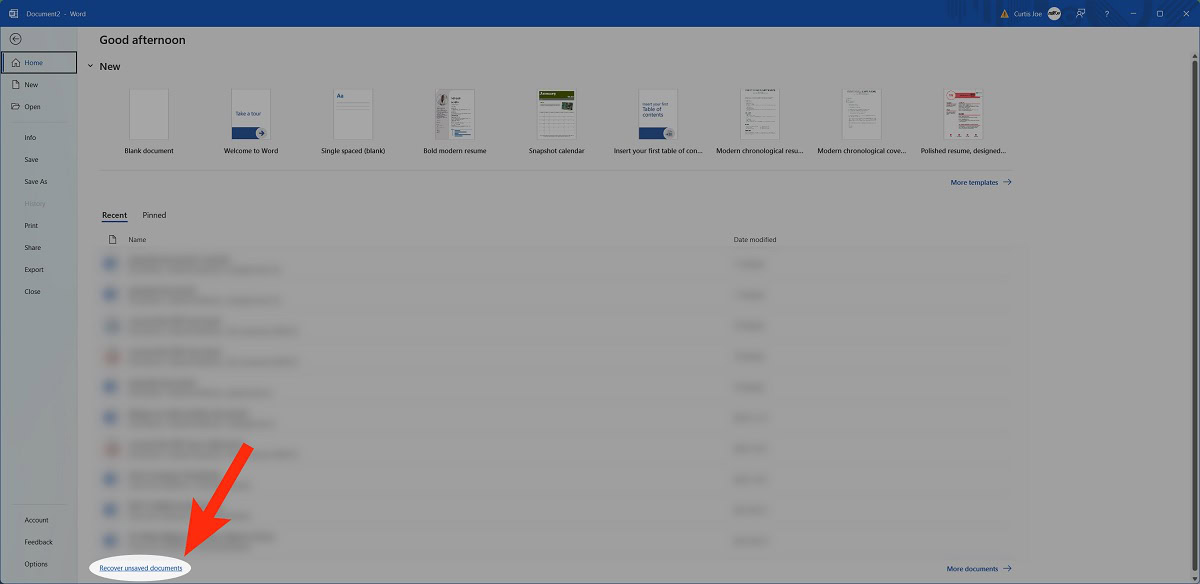 recover unsaved documents button from the home tab in word