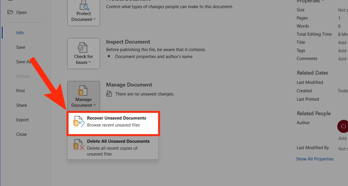 recover unsaved documents from manage documents