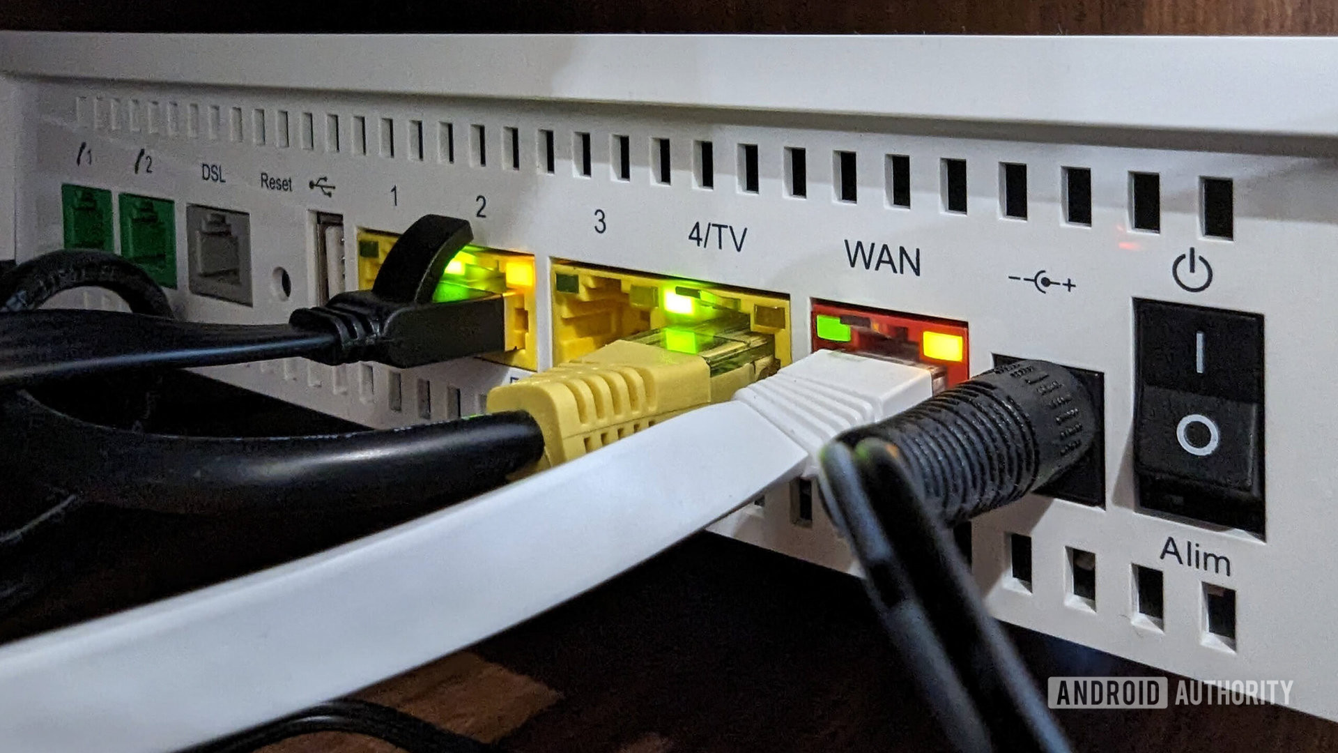 Router ports with Ethernet cables plugged in