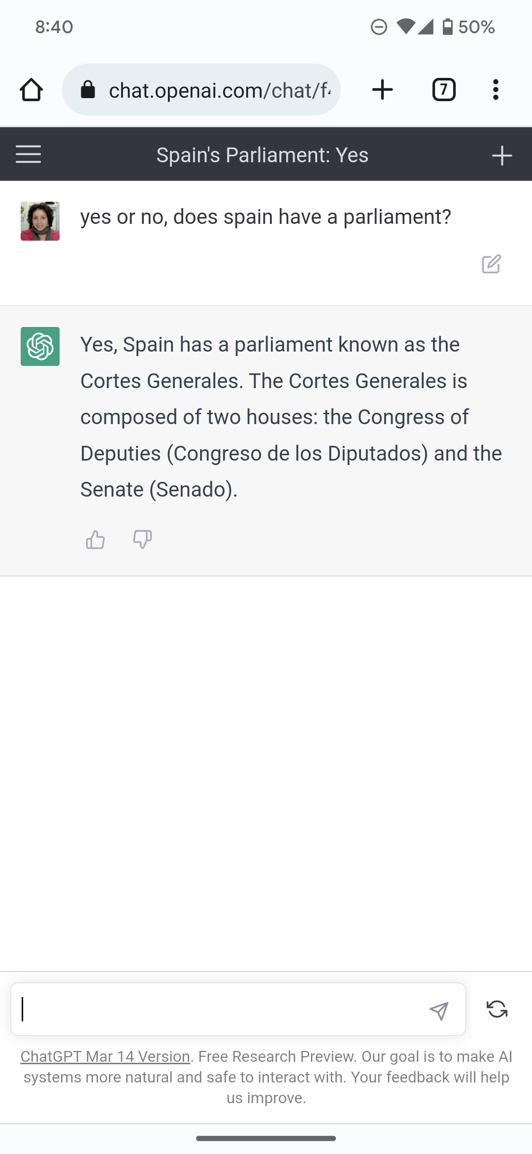screenshot chatgpt answer spain parliament