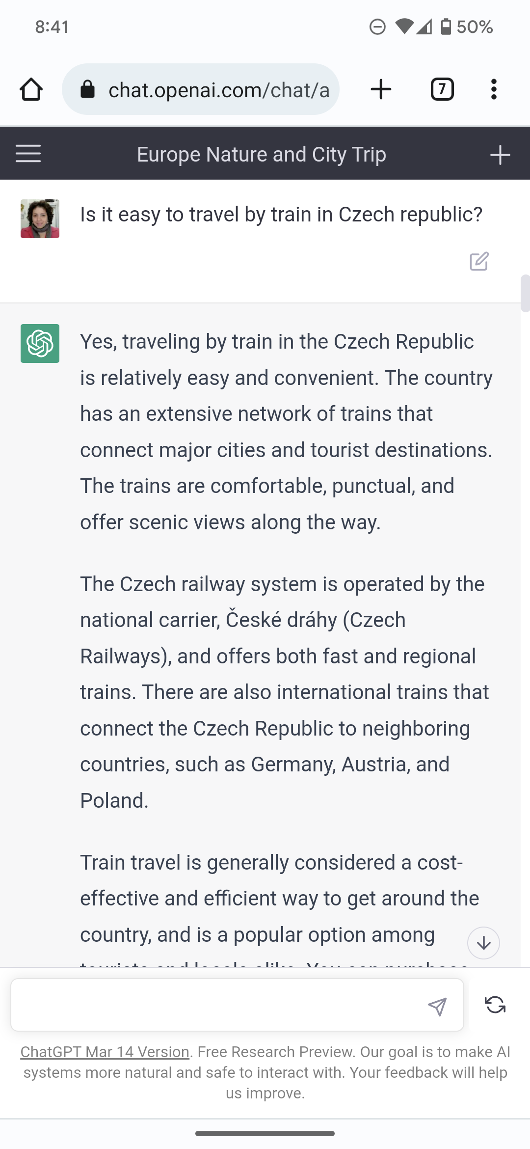 screenshot chatgpt answer train czechia