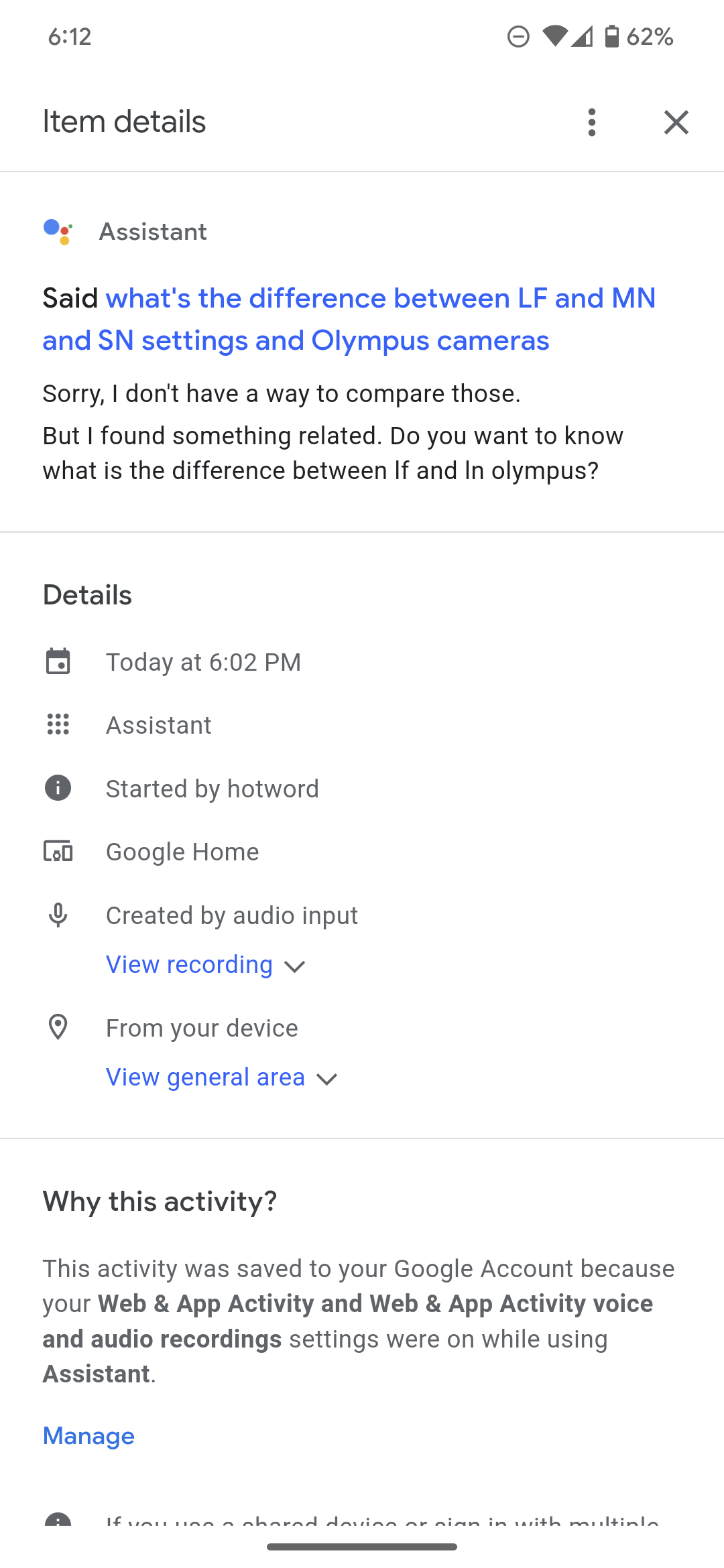 screenshot google assistant answer olympus settings