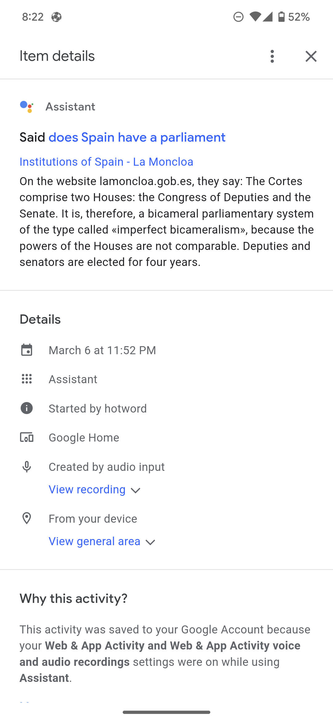 captura de pantalla asistente de google respuesta españa parlamento
