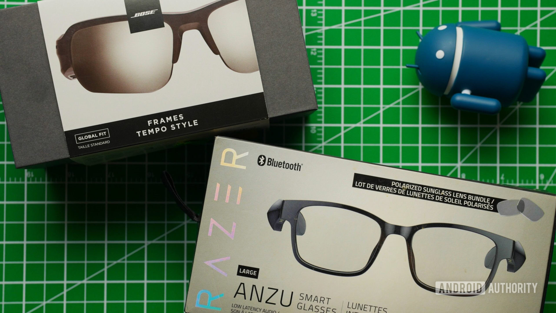 Bose Frames Tempo and Razer Anzu smart glasses packaging