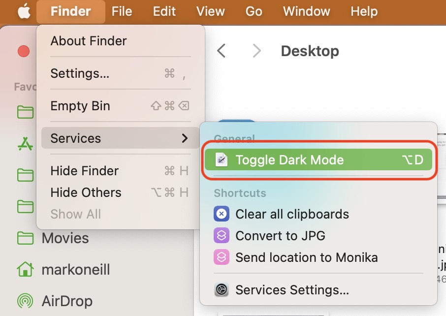 toggle dark mode in services menu
