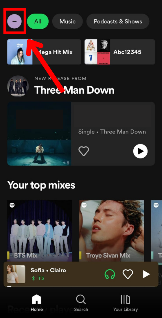 Spotify app home page profile avatar