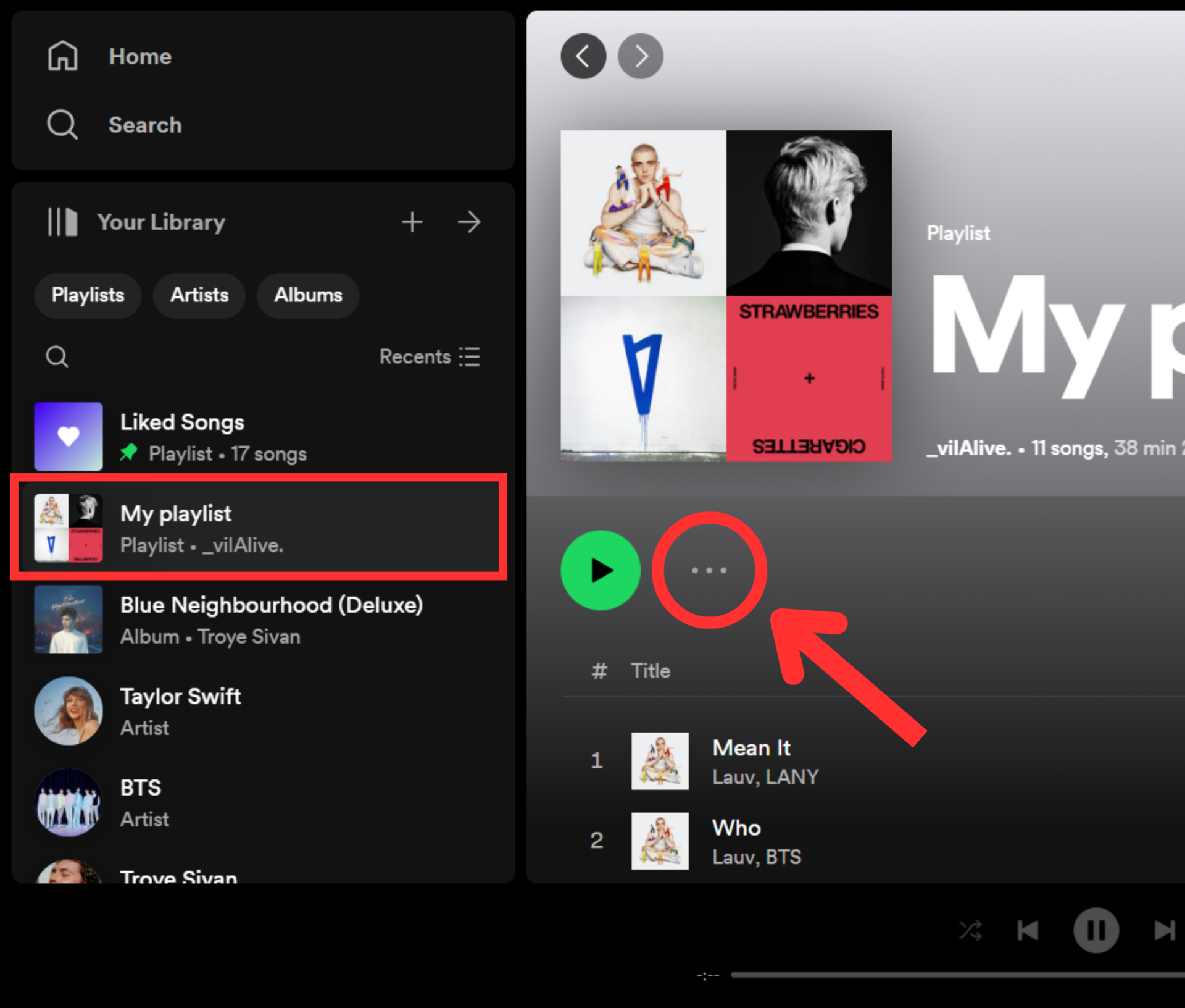 Spotify desktop playlist three horizontal dots icon