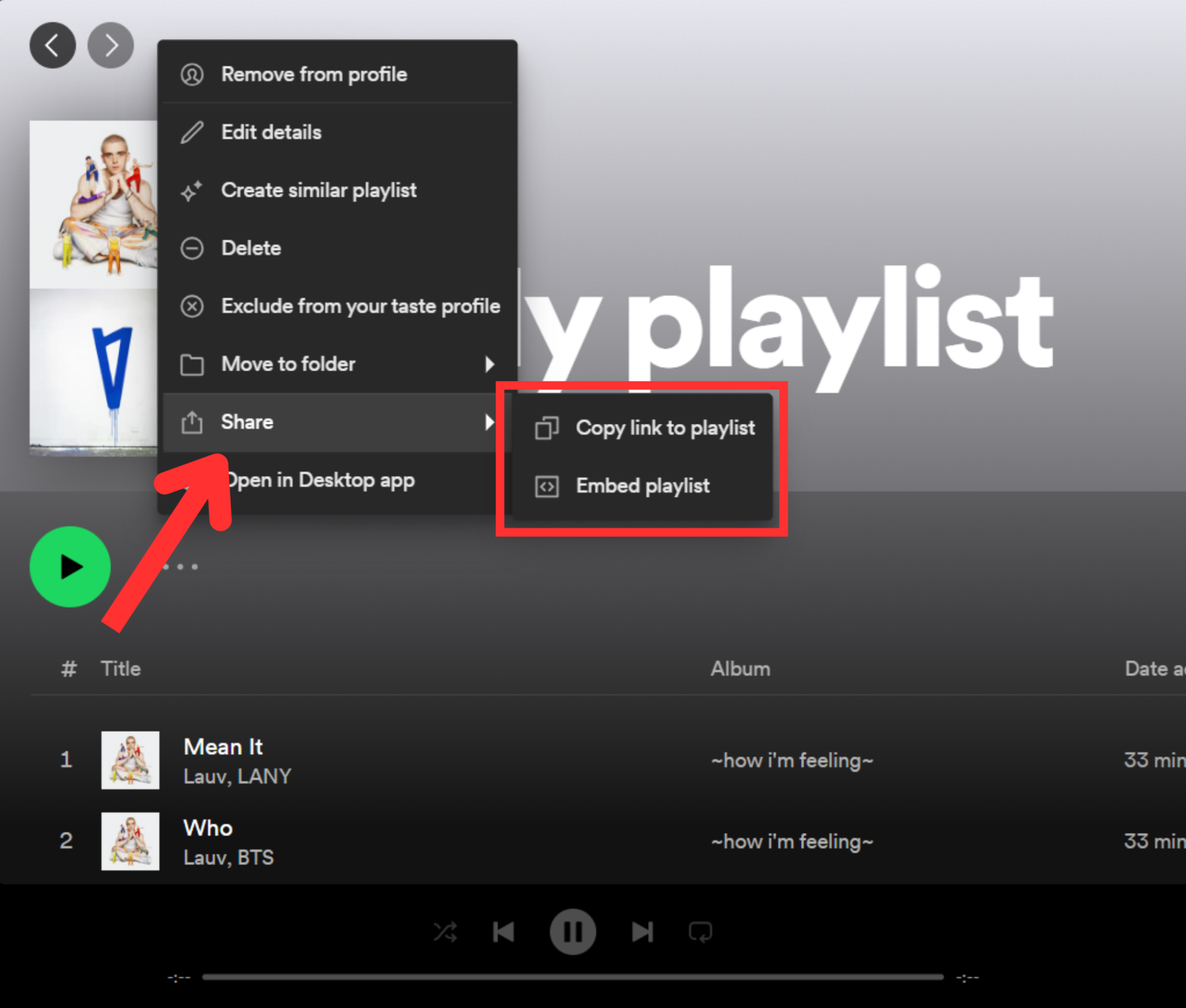 Spotify desktop playlist option menu share