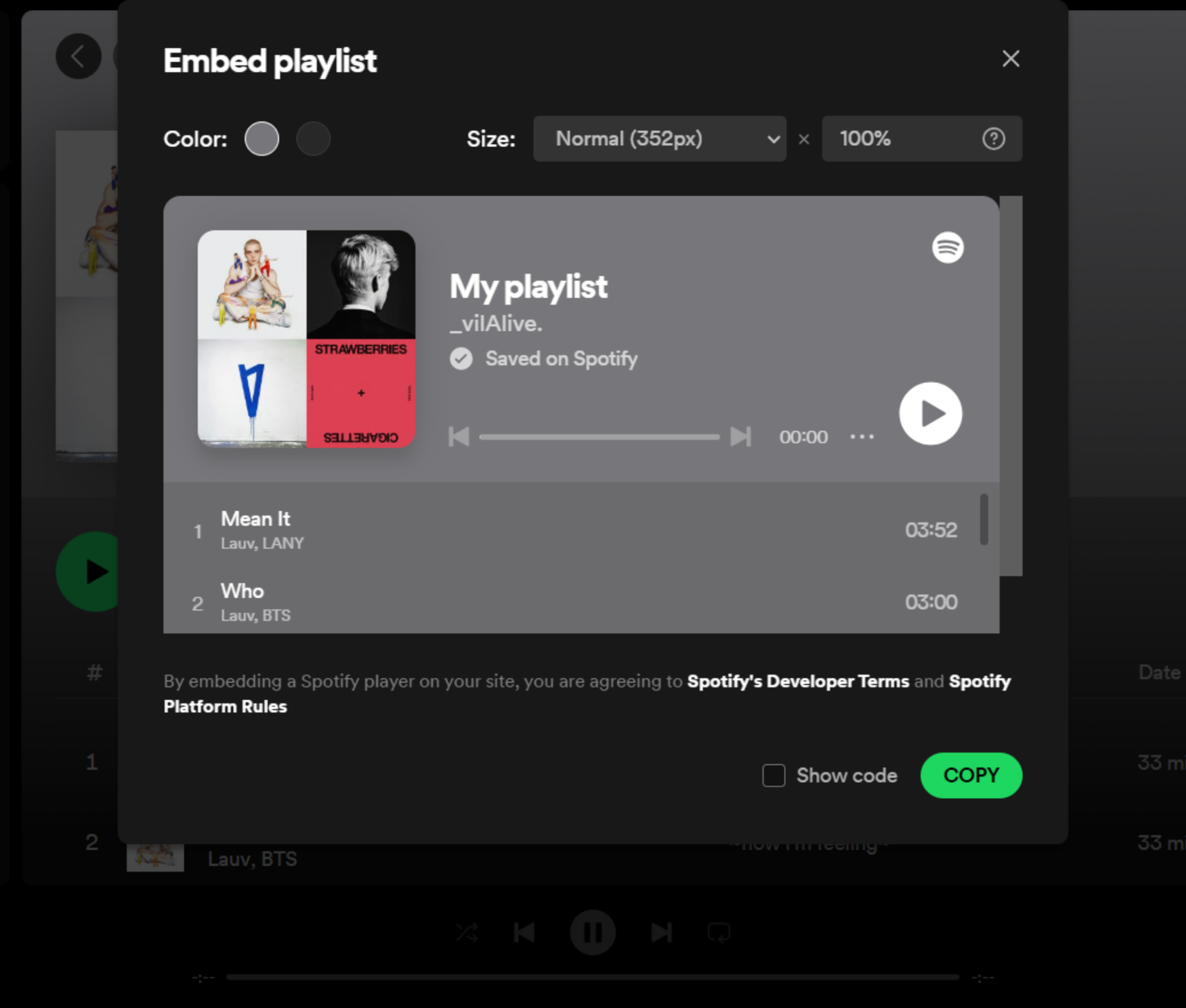 Spotify desktop playlist share embed link window