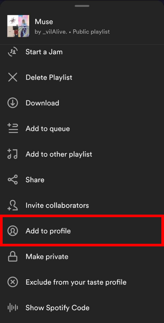 Spotify app playlist option menu add to profile tab