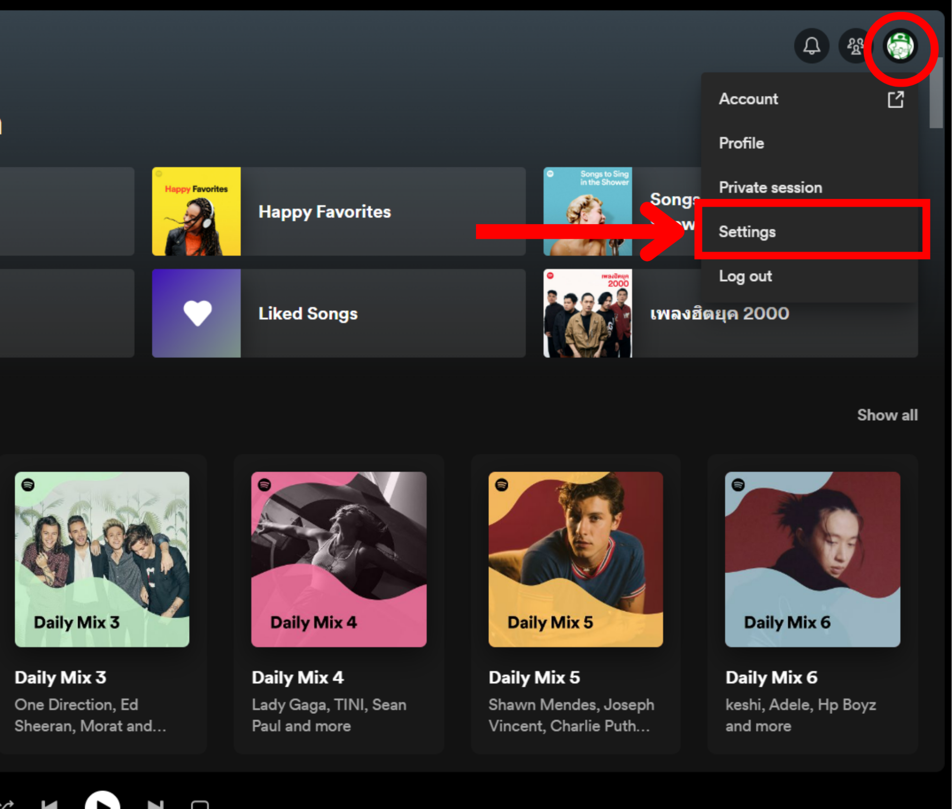 Spotify desktop app home screen option menu settings
