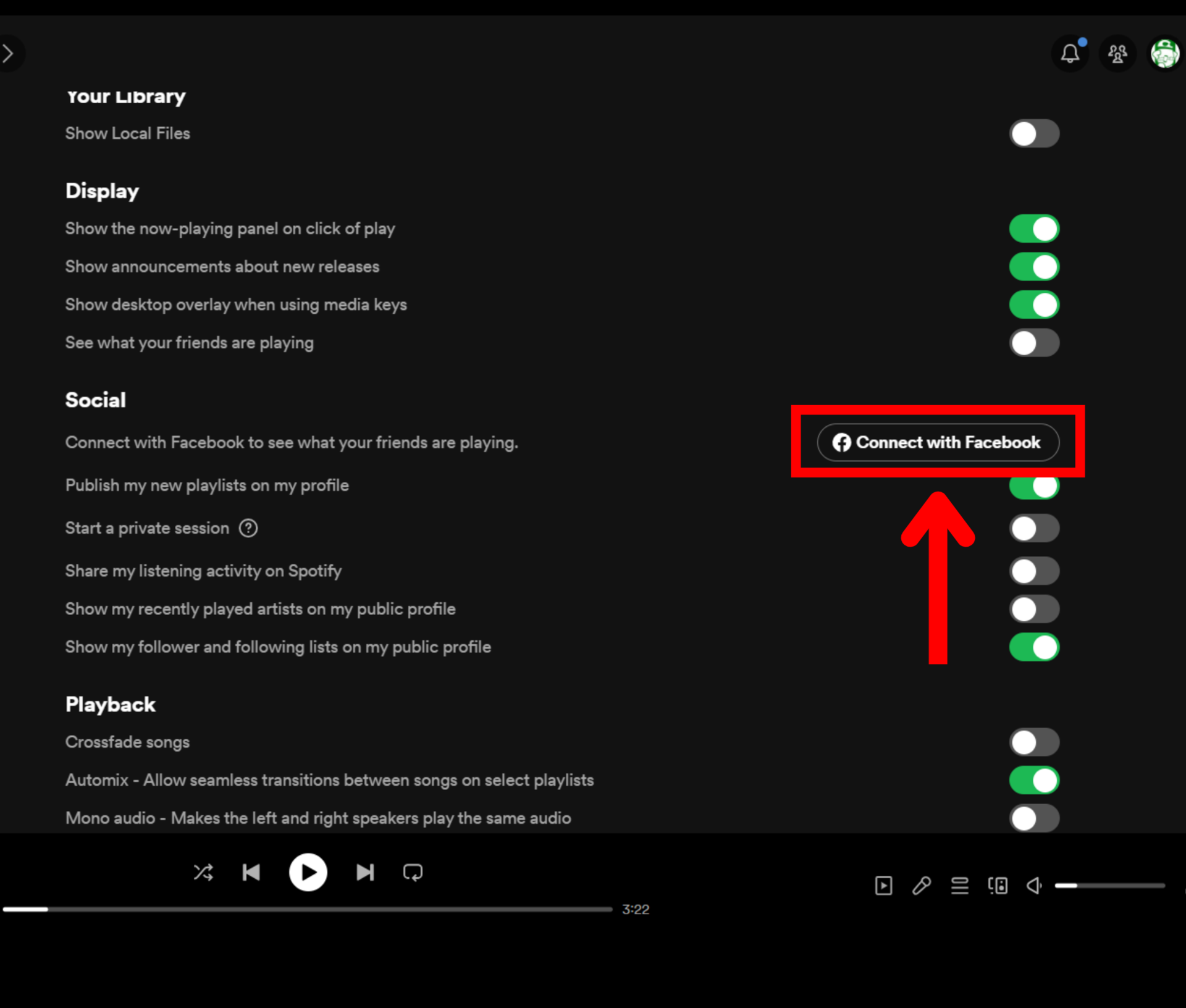 Spotify desktop app settings social section connect with facebook