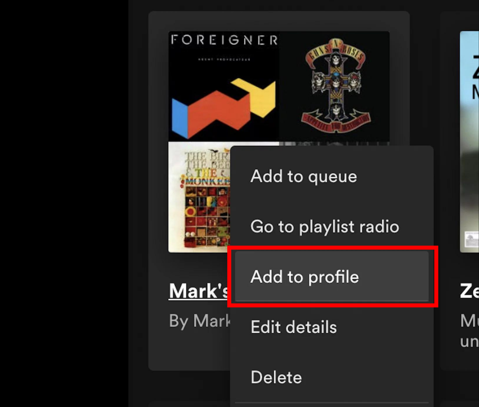 Spotify desktop your library Playlists Option menu add to profile