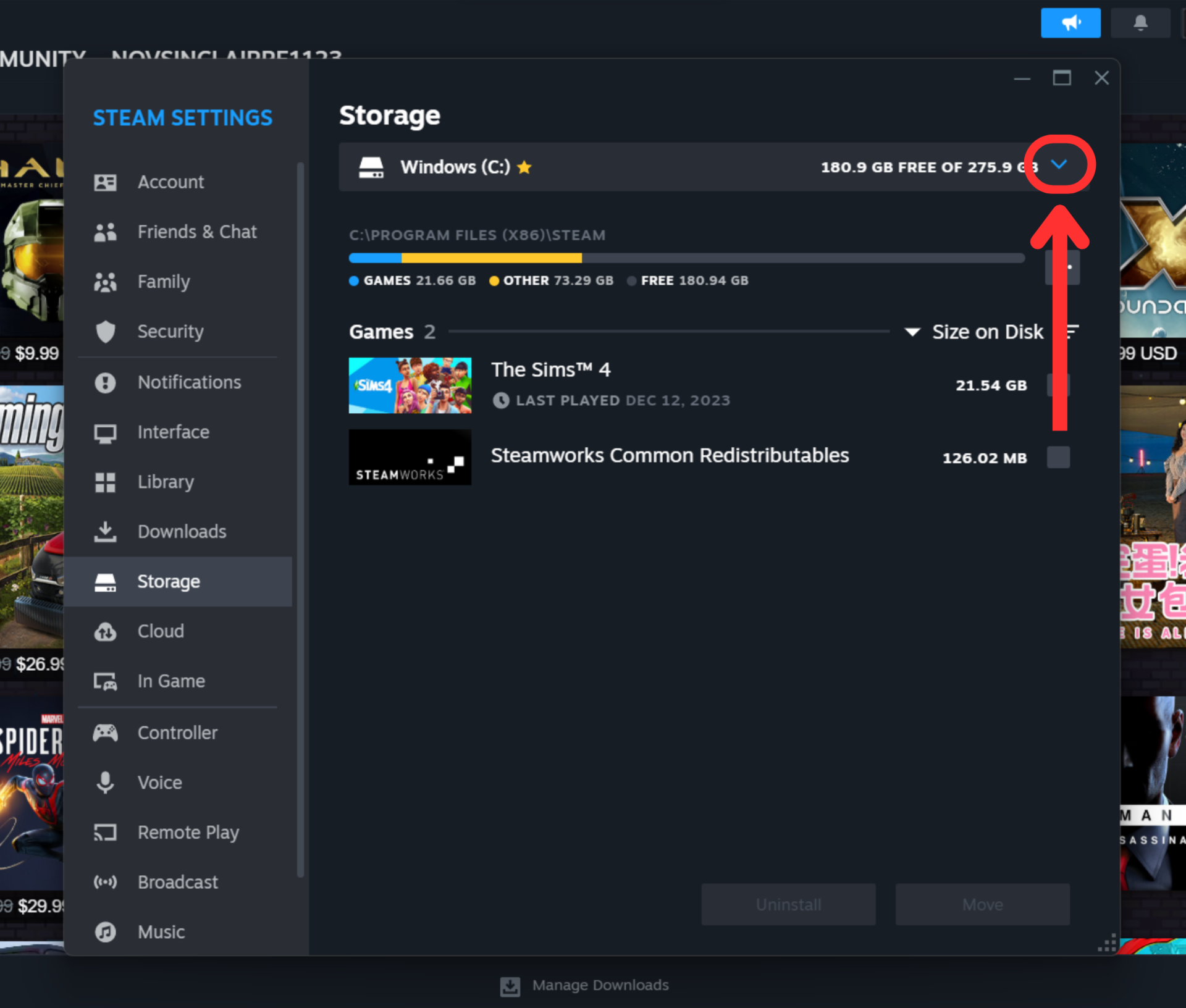 steam settings storage folder location dropdown icon