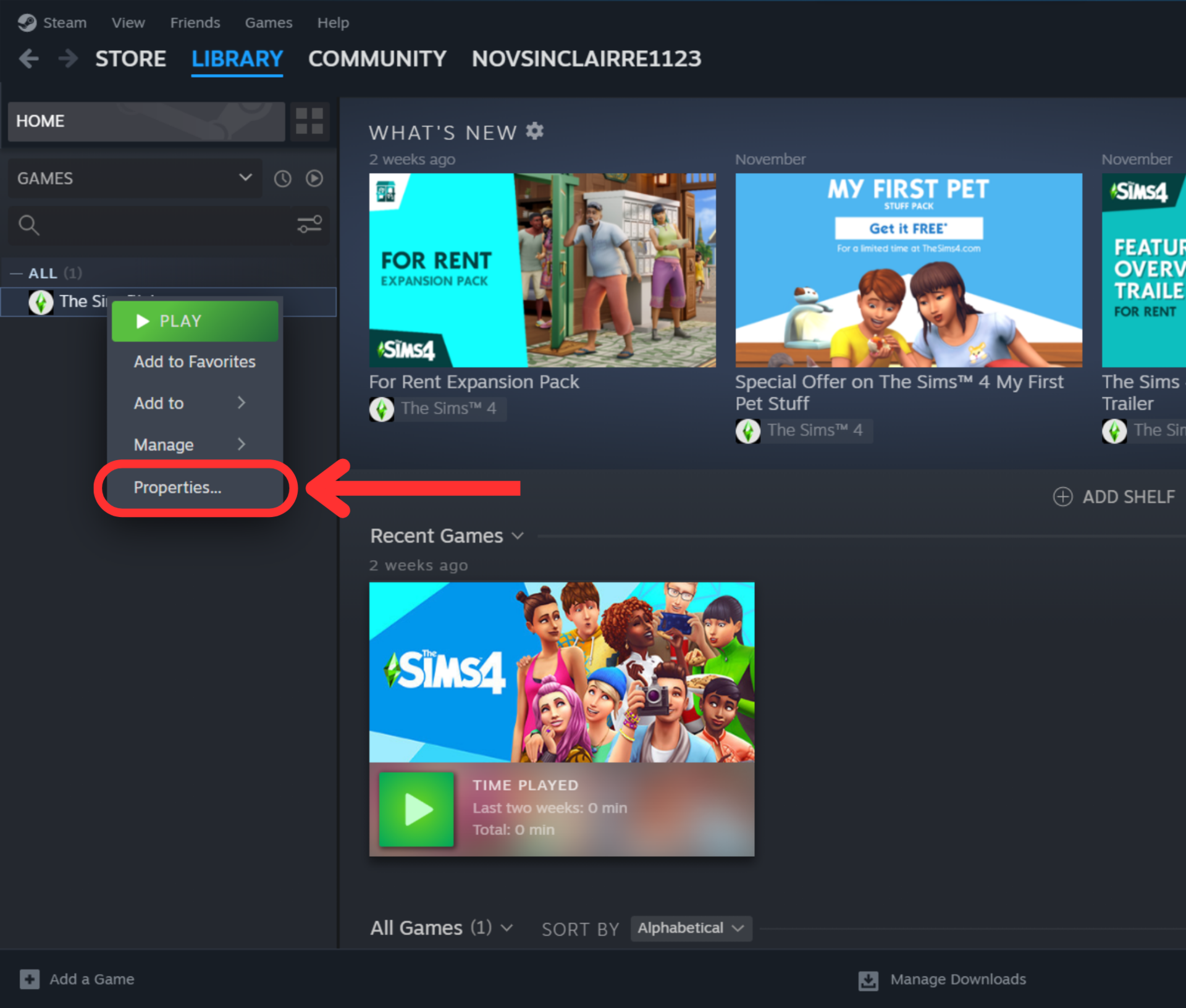 steam library game options properties...
