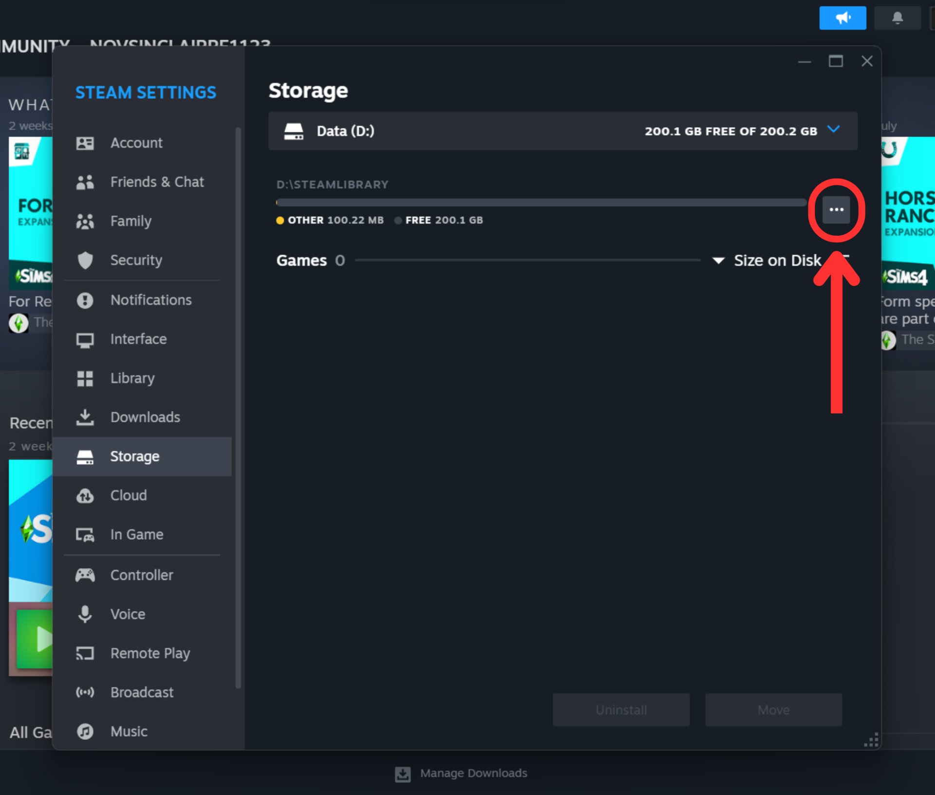 steam settings storage options drive d three dots button