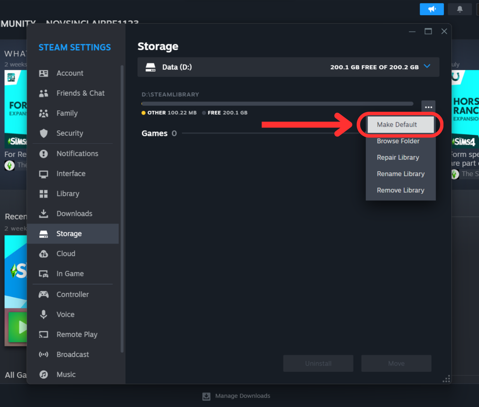 steam settings storage options drive d three dots button make default