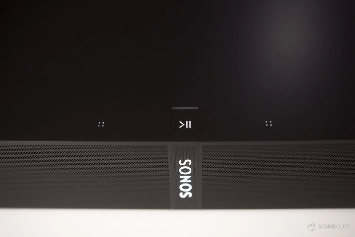 A closeup of the Sonos Playbase in black