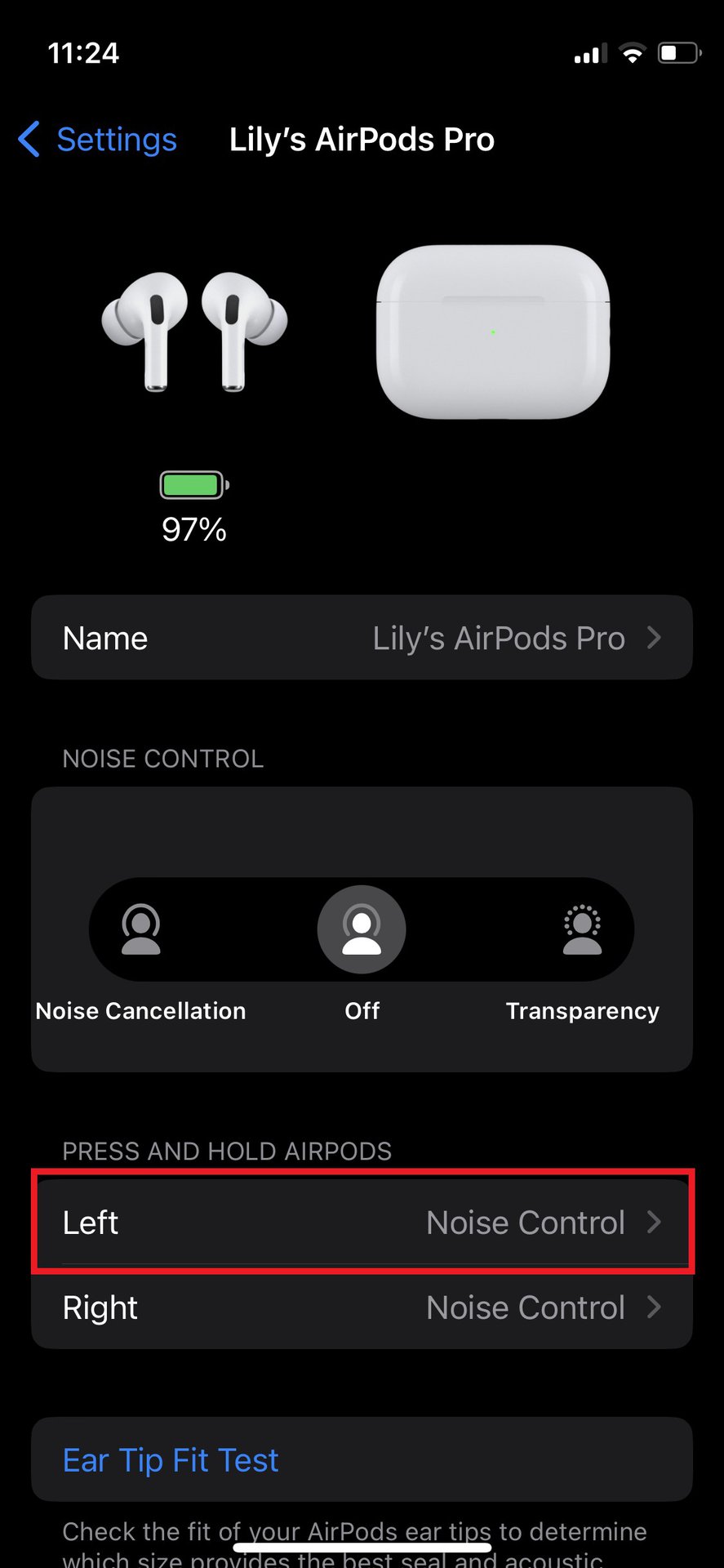 The AirPods Pro (2nd generation) iOS Settings display noise canceling, battery, and more.
