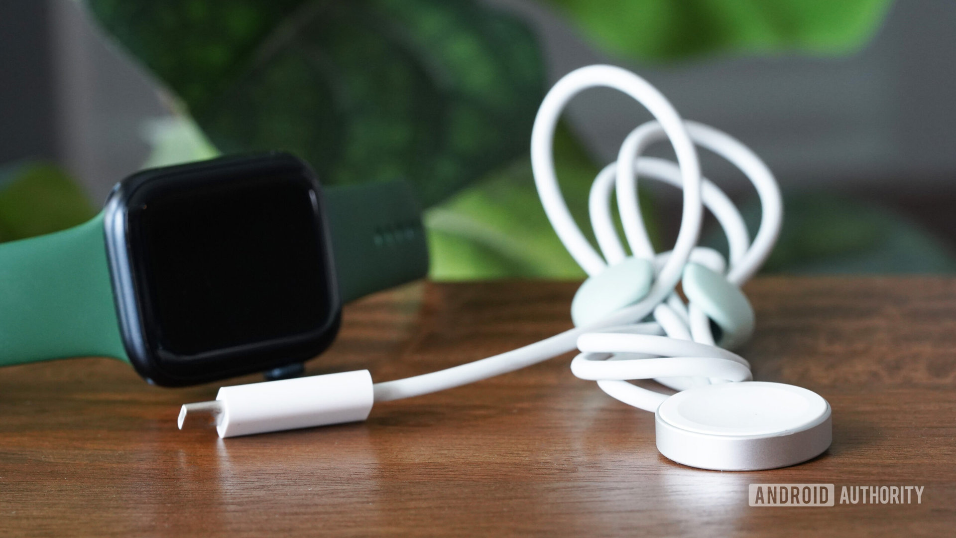 An Apple Watch Series 8 rests next to its fast charging cable.
