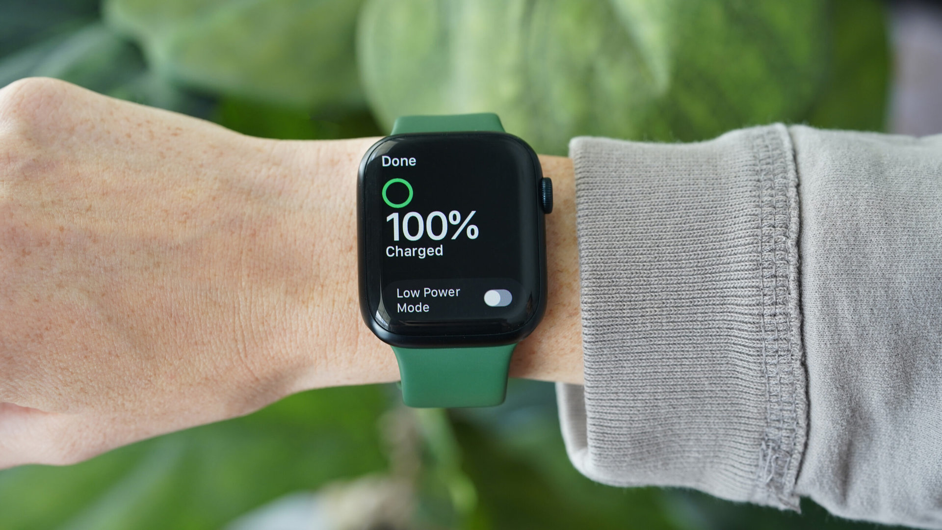 An Apple Watch Series 8 on a user's wrist displays 100% battery life.
