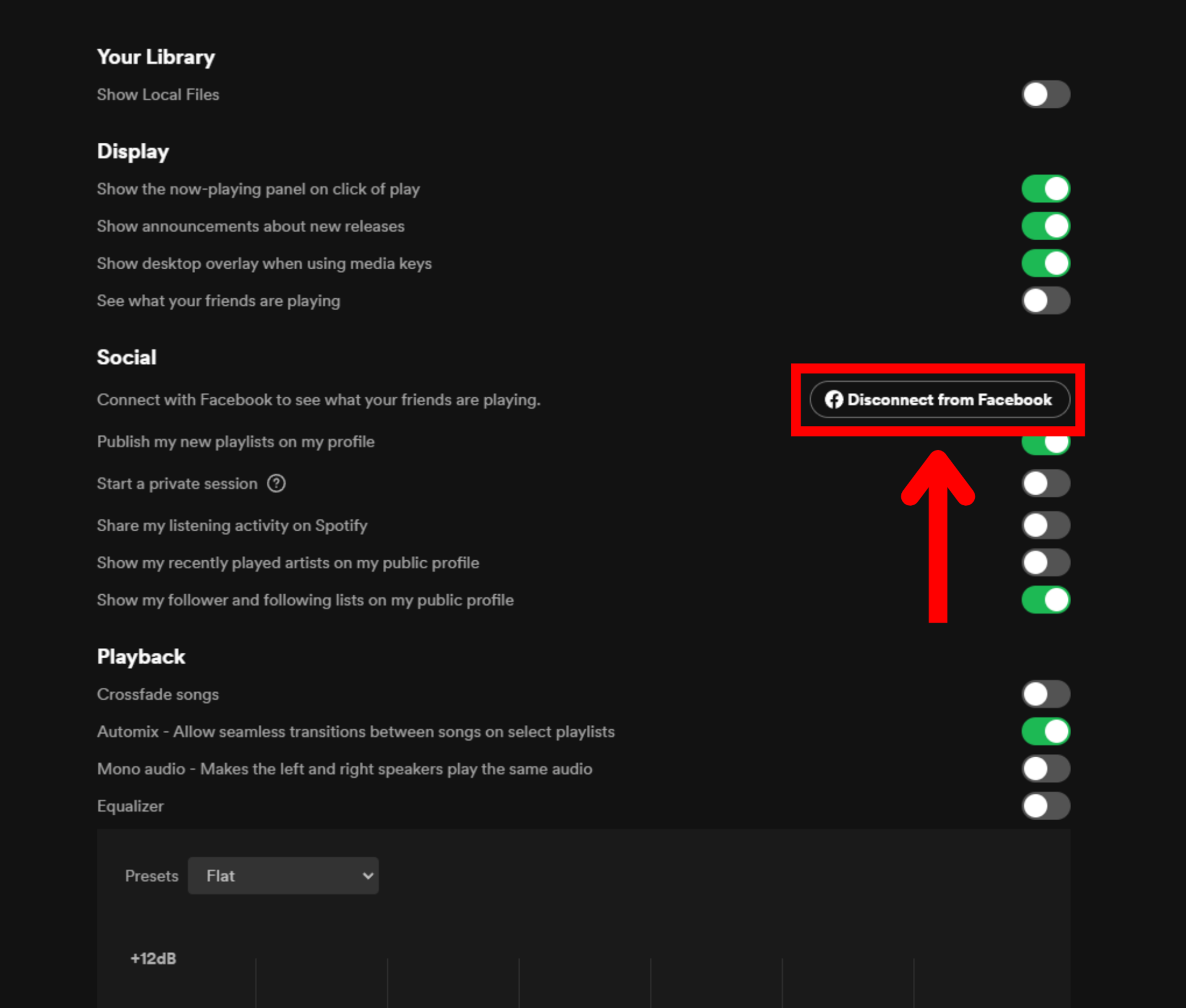 Spotify desktop app settings social section disconnect from facebook button