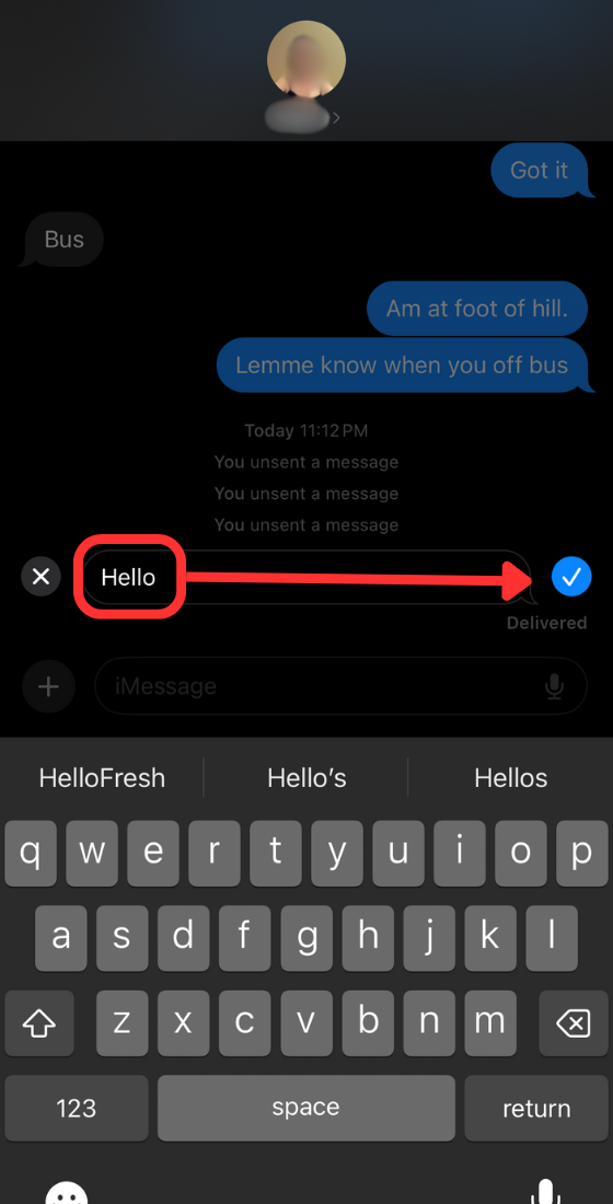Edit message and tap on the Check icon