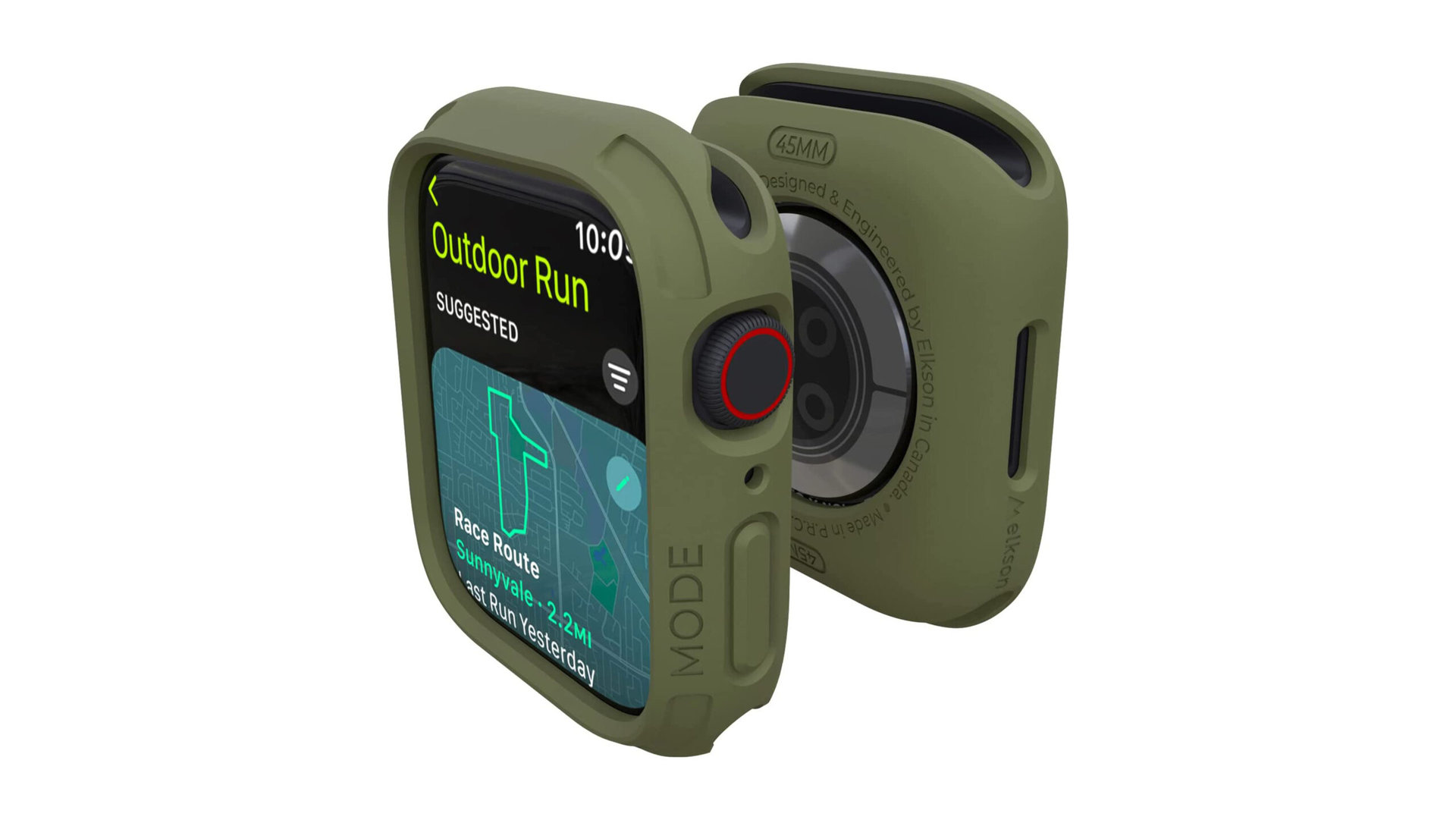An Elkson Apple Watch case in Military Green.