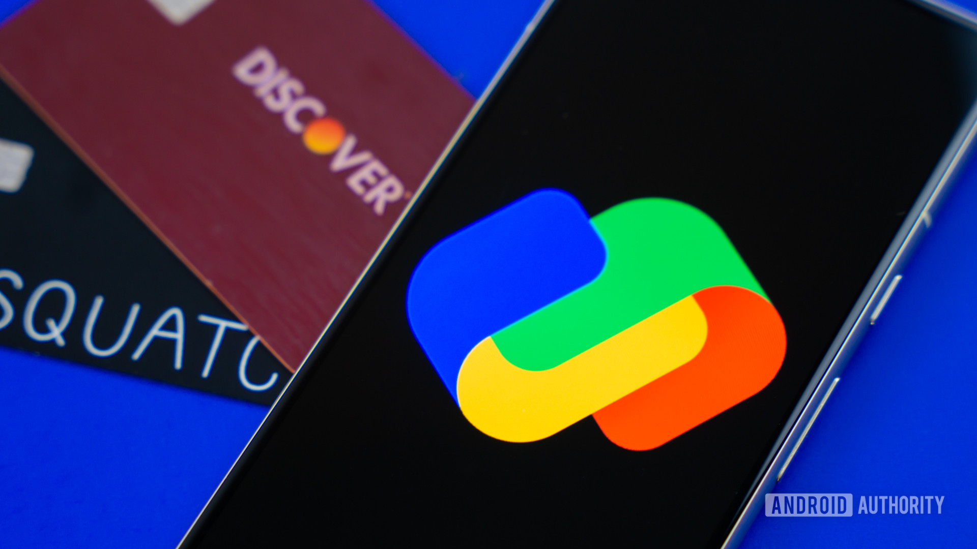 Google Pay logo on smartphone next to money and cards Stock photo 4
